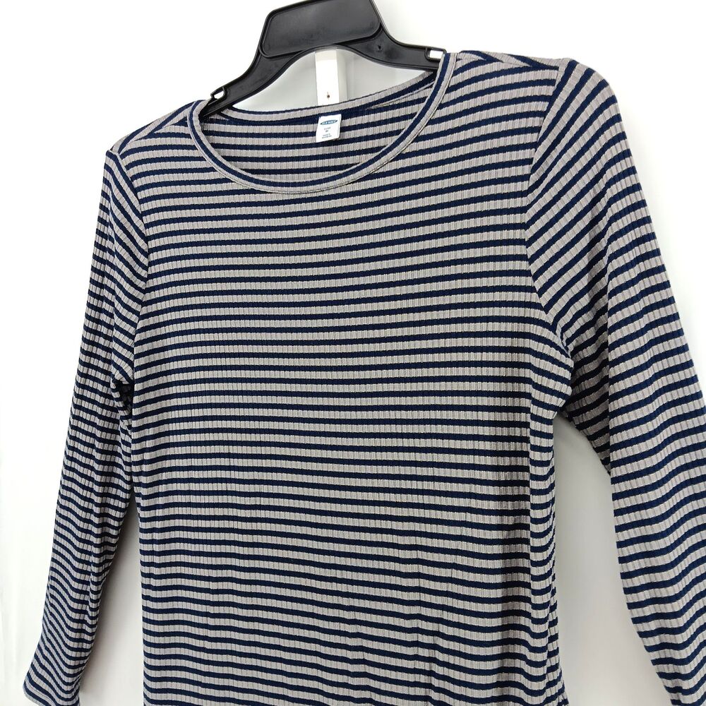 Gap Shirt Womens Medium Blue Gray Striped Metallic Gold Thread Long Sleeve Top - Picture 2 of 6